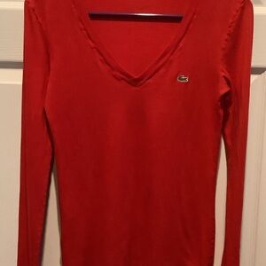 Lacoste‎ Women's Red V-Neck Blouse, small, logo